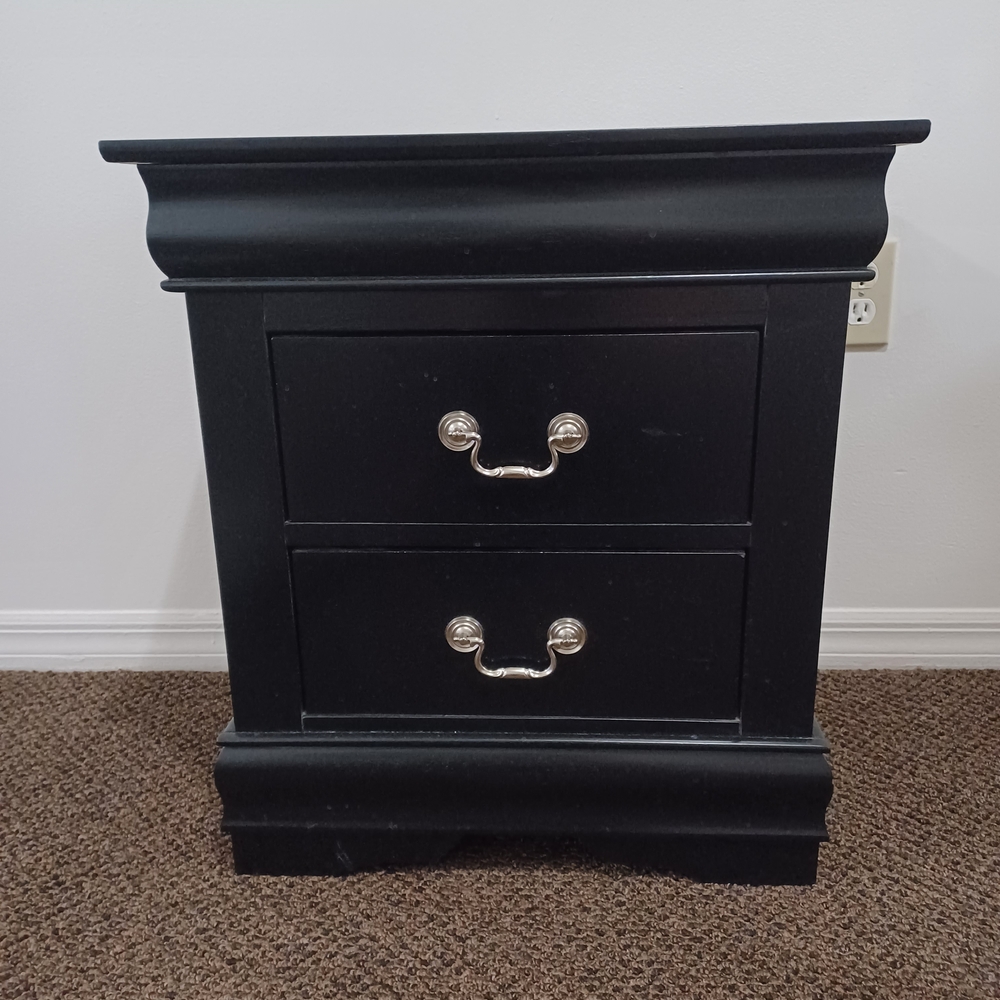 Elegant Black Nightstand with Silver Handles